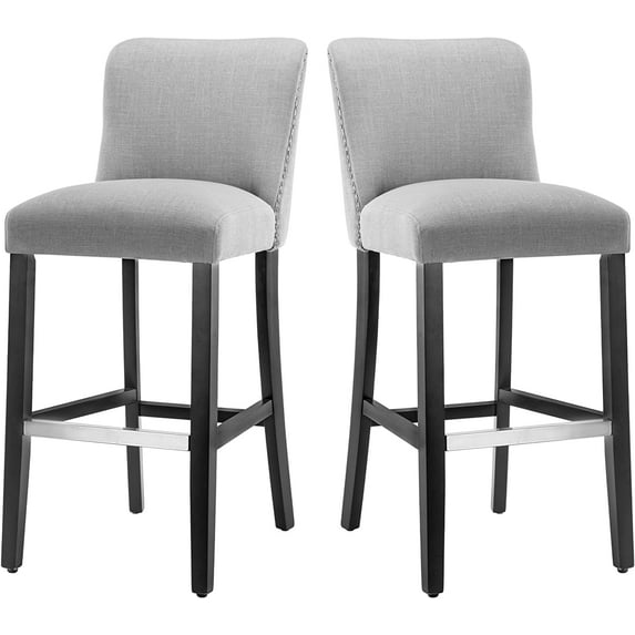 Bar Stools Set of 2, Upholstered Bar Stool Chair with Solid Wood Legs and Nailhead, Bar Stools Counter Height with Back, Grey