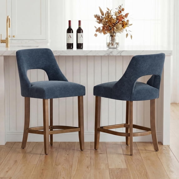 Bar Stools Set of 2, Upholstered Counter Height Bar Stools, Modern Counter Stools with Wood Legs for Kitchen Island Dining Room Bar, Blue
