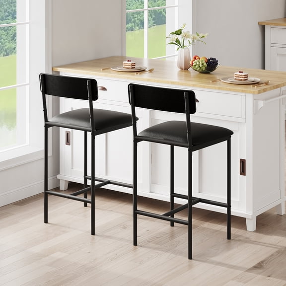 Bar Stools Set of 2, Upholstered Height Bar Stools with Backrest and Footrest, Kitchen Barstools for Island, Counter Bar, Easy Assembly, Black