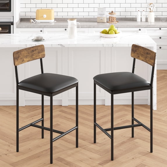 Bar Stools Set of 2, Upholstered Height Bar Stools with Backrest and Footrest, Kitchen Barstools for Island, Counter Bar, Easy Assembly, Rustic Brown
