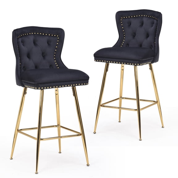 Bar Stools Set of 2, Velvet Counter Height Stools with Metal Legs, Button Tufted and Nailheads Trim, Wing-Back Bar Chairs for Kitchen Island - Black