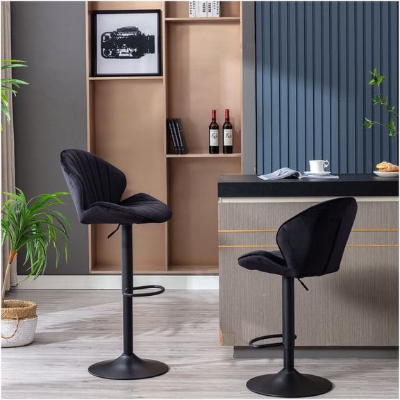 Bar Stools Set of 2 with Back & Footrest, Adjustable Height Kitchen Counter Stools, Black Fabric Swivel Bar Chairs