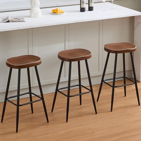 Bar Stools Set of 3, 28 inch Backless Bar Height Stools, Modern Leather Barstools Saddle Stools for Kitchen Island, Brown