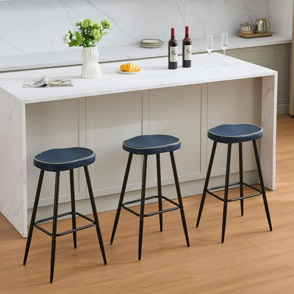 Bar Stools Set of 3, 28 inch Backless Bar Height Stools, Modern Leather Barstools Saddle Stools for Kitchen Island, Navy Blue