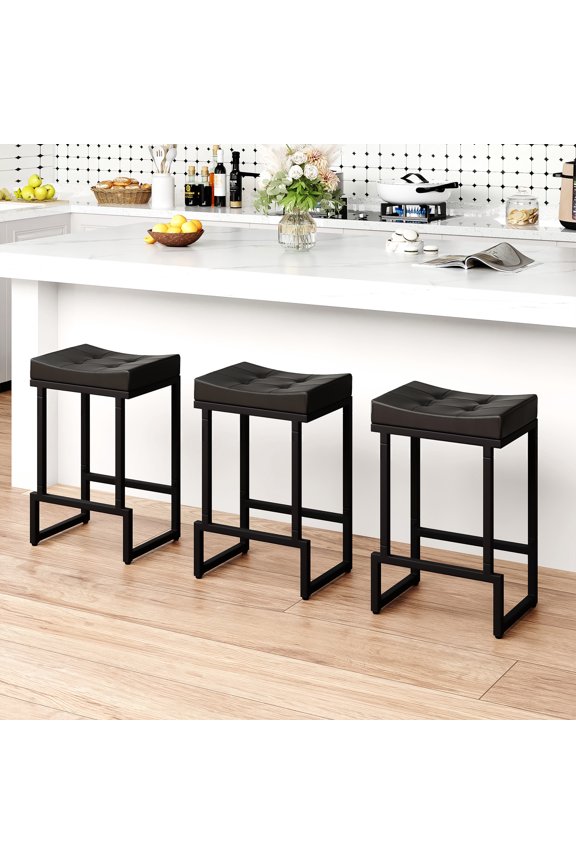 Bar Stools Set of 3, Backless Counter Height Bar Stools (24") Modern Faux Leather Saddle Barstools for Kitchen Island, Black