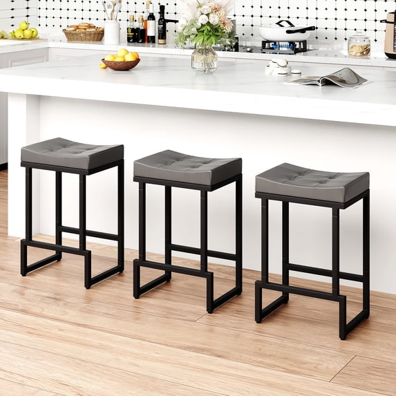 FIRAVOE Bar Stools Set of 3, Backless Counter Height Bar Stools (24") Modern Faux Leather Saddle Barstools for Kitchen Island, Gray