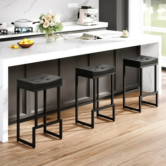 FIRAVOE Bar Stools Set of 3, Backless Counter Height Bar Stools (28") Modern Faux Leather Saddle Barstools for Kitchen Island, Black