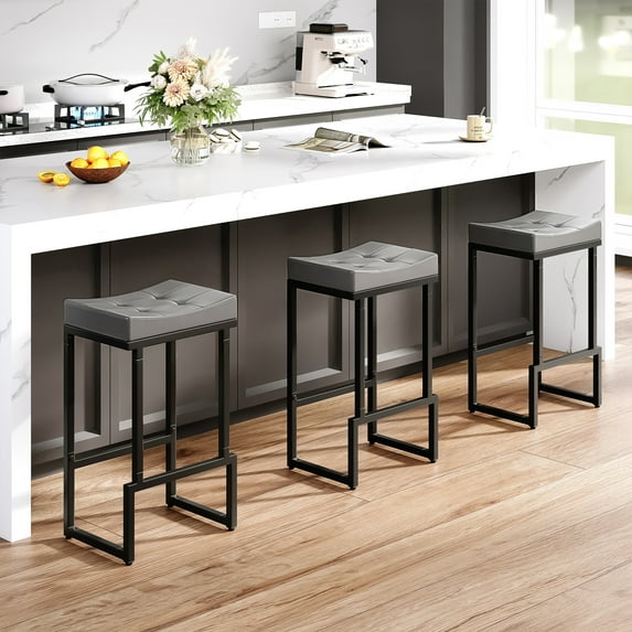 FIRAVOE Bar Stools Set of 3, Backless Counter Height Bar Stools (28") Modern Faux Leather Saddle Barstools for Kitchen Island, Gray