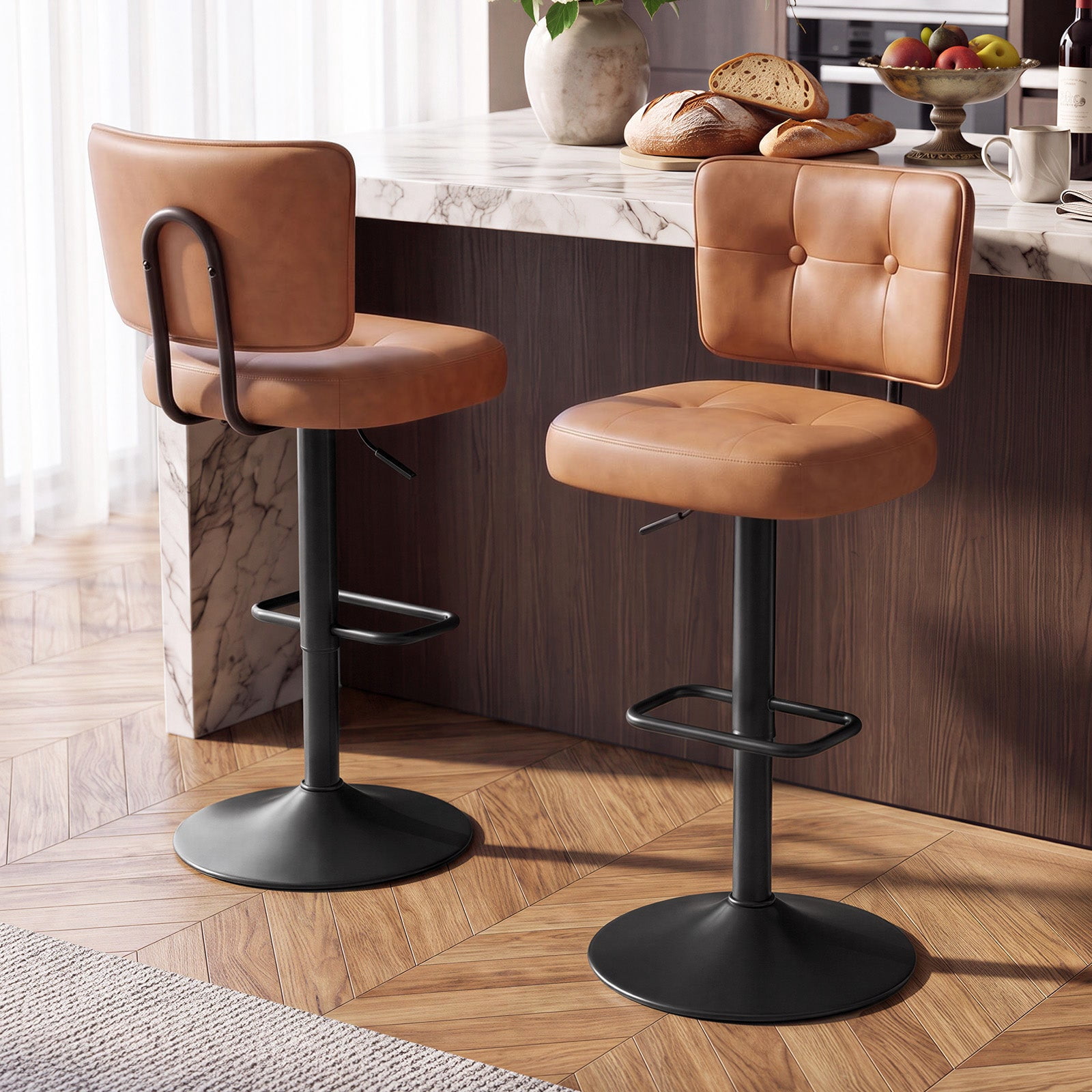 Bar Stools Set of 3, Caramel Brown PU Leather Adjustable Swivel with ...