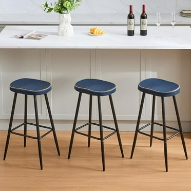 Bar Stools Set of 3, Modern 28 inch Bar Height Stools, Faux Leather Backless Barstools for Kitchen Island (Navy Blue, 3 PCS 28'' Height)