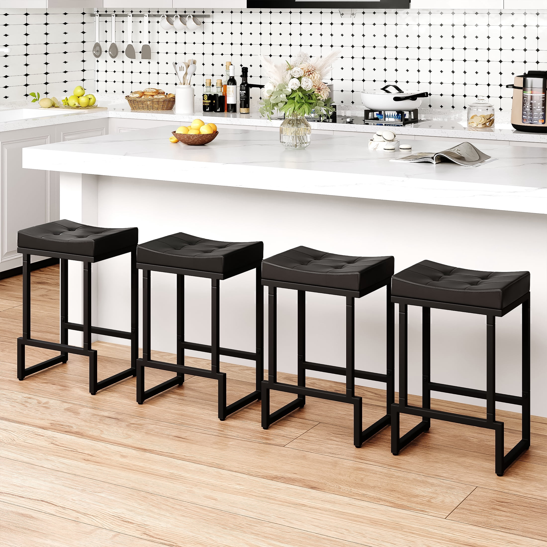 FIRAVOE Bar Stools Set of 4, 24" Counter Height Bar Stools (Backless Saddle) Modern Faux Leather Black Barstools for Kitchen Island