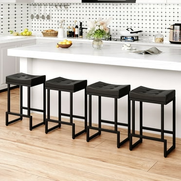 FIRAVOE Bar Stools Set of 4, 24" Counter Height Bar Stools (Backless Saddle) Modern Faux Leather Black Barstools for Kitchen Island
