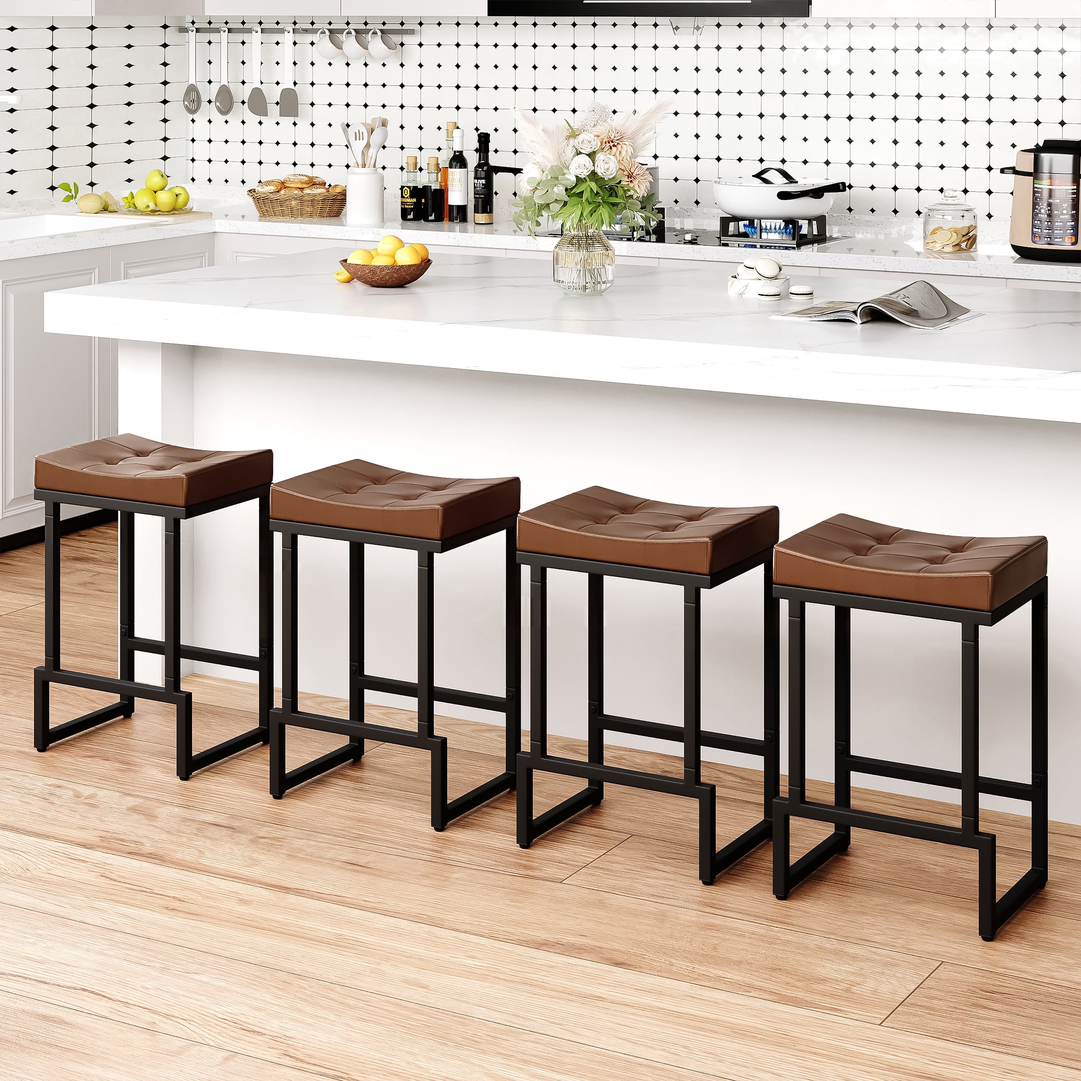 FIRAVOE Bar Stools Set of 4, 24" Counter Height Bar Stools (Backless Saddle) Modern Faux Leather Brown Barstools for Kitchen Island