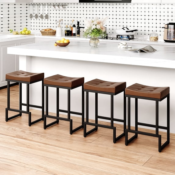FIRAVOE Bar Stools Set of 4, 24" Counter Height Bar Stools (Backless Saddle) Modern Faux Leather Brown Barstools for Kitchen Island