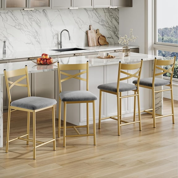 Bar Stools Set of 4, 26 Inch Counter Height Stools with PU Cushioned Seat, Sturdy Metal Frame & Footrest for Kitchen Island, Bar, Dining,Gold