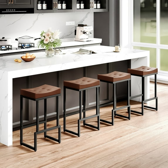 FIRAVOE Bar Stools Set of 4, 28" Counter Height Bar Stools (Backless Saddle) Modern Faux Leather Brown Barstools for Kitchen Island