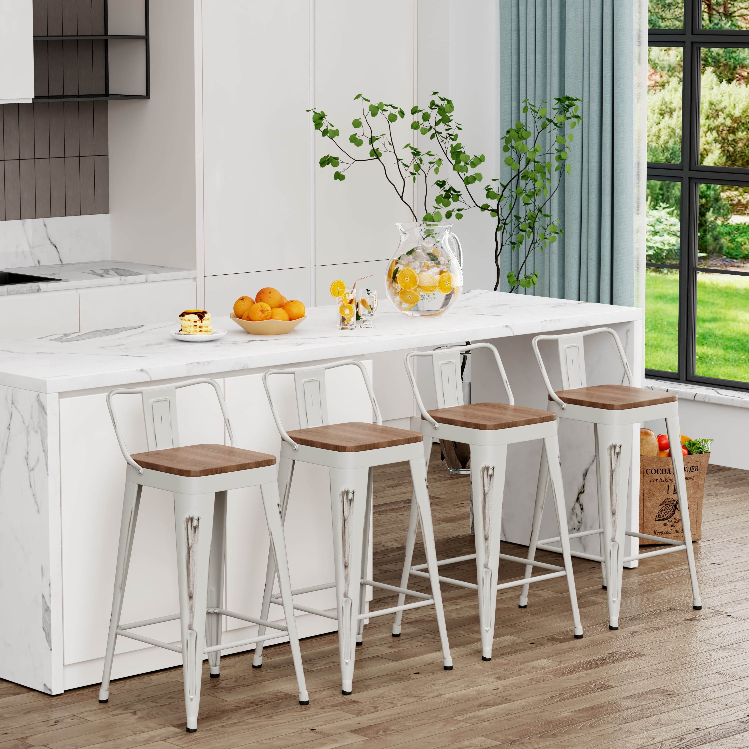 Bar Stools Set of Bar Height Metal Barstools with Wood Seat Low