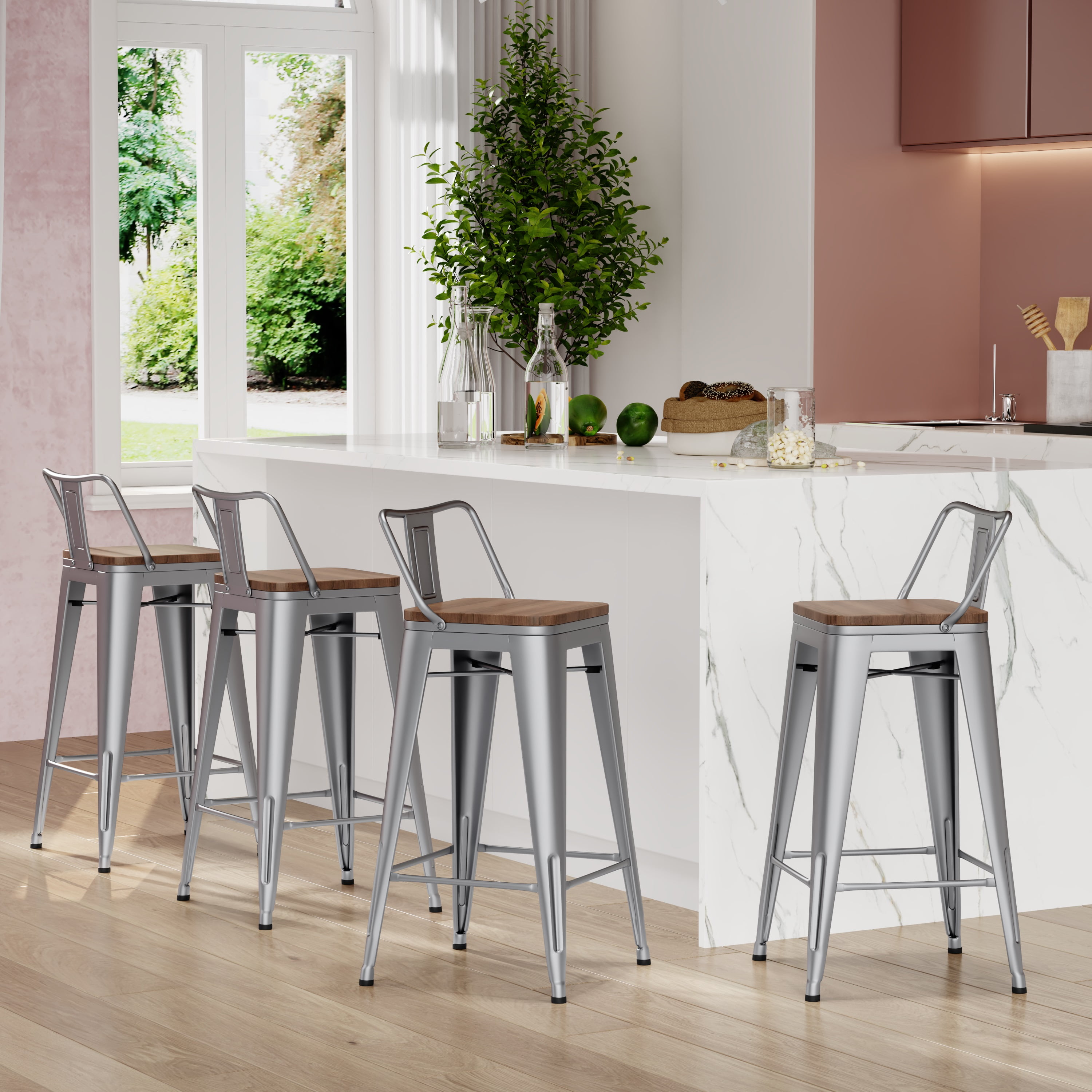 Silver 26" Metal and Wood Backless Bar Stools Set of 4
