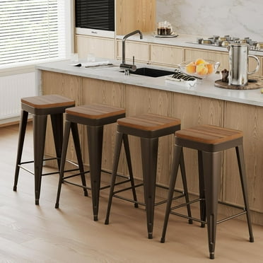 Bar Stools Set of 4 Metal Bar Stool Counter Height Bar Stools Black, Modern 26" Bar Chairs Without Back,Wooden Seat Bar Stools Counter Height,Rusty