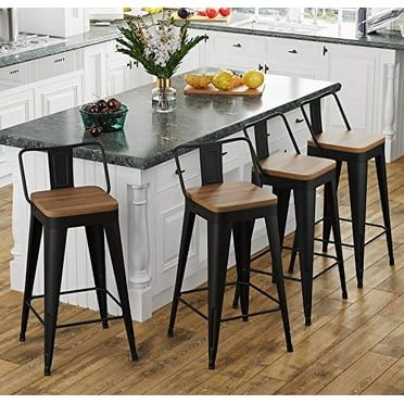 Bar Stools Set of 4 Metal Bar Stool Counter Height Bar Stools Black, Modern Bar Chairs with Back and Wooden Seat 30" Bar Stools Counter Height
