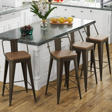 Bar Stools Set of 4 Metal Bar Stool Counter Height Bar Stools White, Modern Bar Chairs with Back and Wooden Seat 30" Bar Stool Counter Height