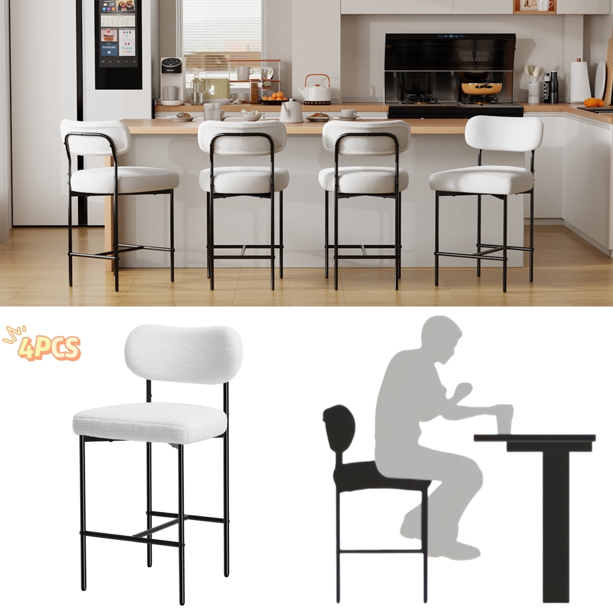 Hommpa Bar Stools Set of 4 with Back & Footrest 26" Counter Height Barstools Boucle Bar Chairs Modern Pub Chairs White Plush for Kitchen Island Bistro Coffee Shop Mid Back
