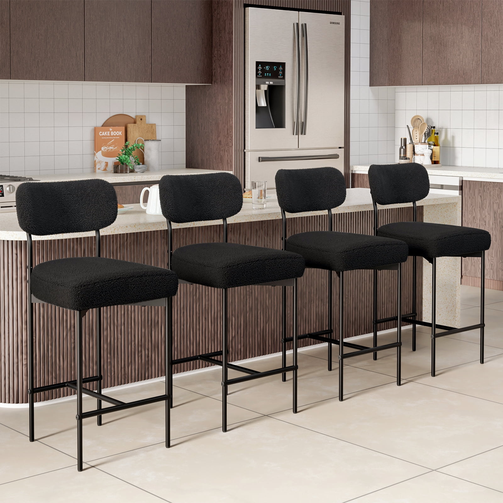 Hommpa Bar Stools Set of 4 with Back & Footrest 26" Counter Height Barstools Boucle Bar Chairs Modern Pub Chairs Black Plush for Kitchen Island Bistro Coffee Shop Mid Back