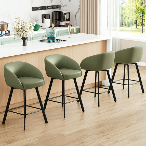 FIRAVOE Bar Stools Set of 4, Swivel Counter Height Bar Stools with Back & Arms (26") Modern Faux Leather Bar Chairs for Kitchen Island, Green