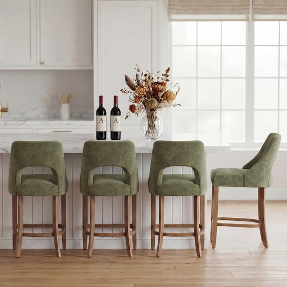 Bar Stools Set of 4, Upholstered Counter Height Bar Stools, Modern Counter Stools with Wood Legs for Kitchen Island Dining Room Bar, Green