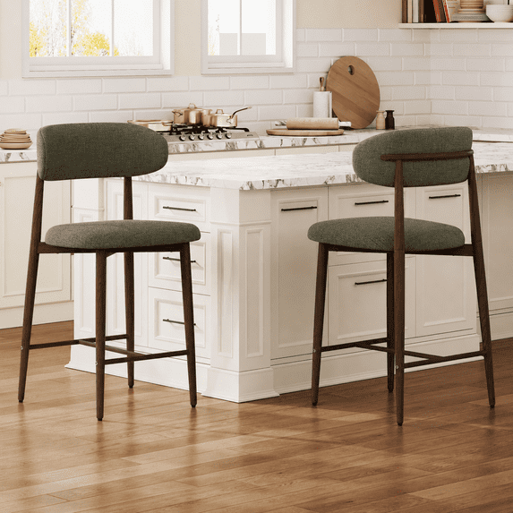 Bar Stools Sets of 2, Legahome 26" Counter Height Bar Stool, Modern Farmhouse Upholstered Counter Chairs with Curved Back & Walnut-Grain Metal Legs for Kitchen Island Dining Room, Green