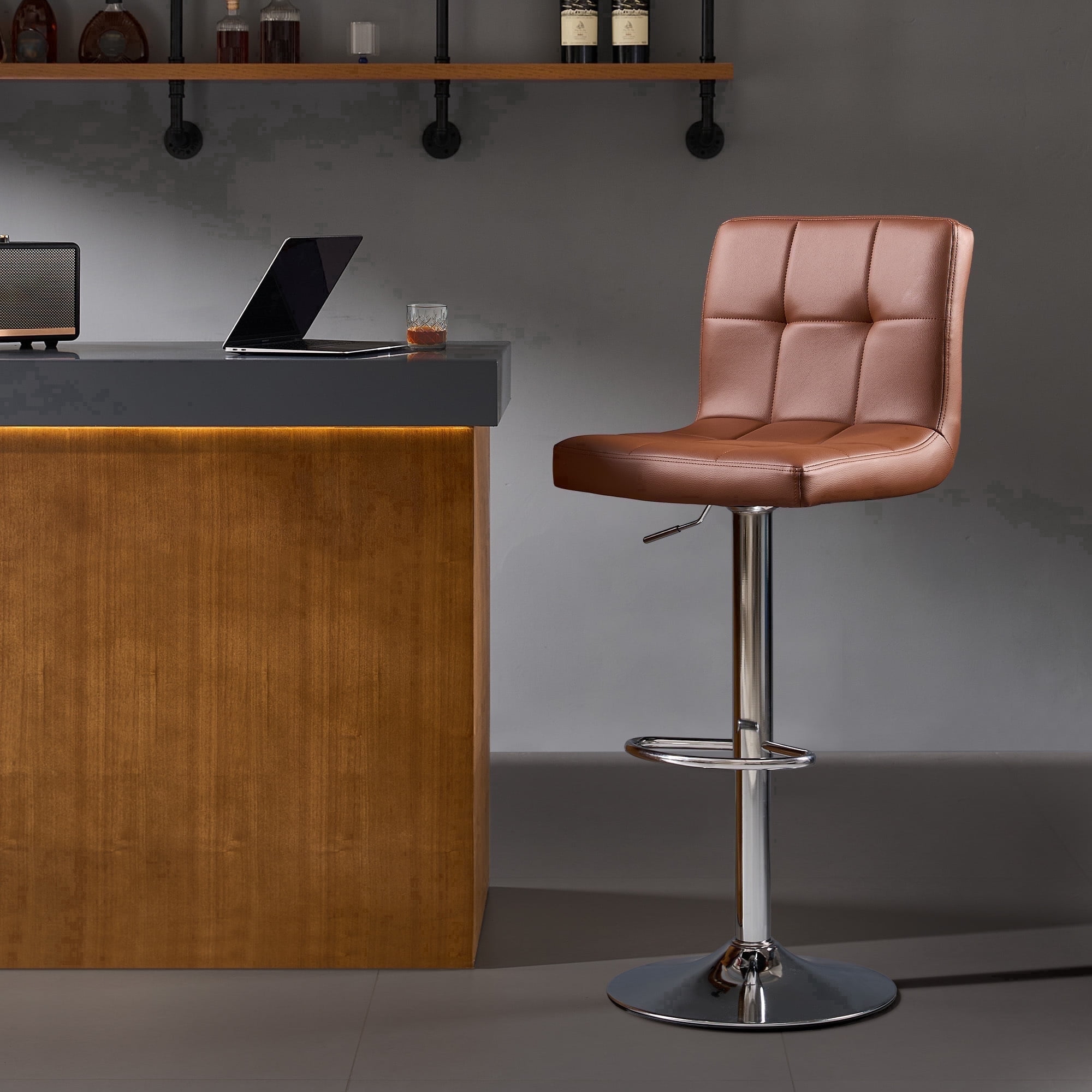 AUNEKIV Bar Stools, Thickened Seat Cushion Square Swivel Bar Stools with Back, Adjustable Counter Height Bar Chairs for Kitchen Island, Dining Room, Brown