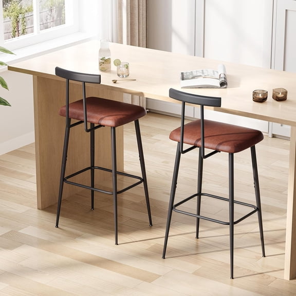 Bar Stools set of 2, Tall Bar Stools with Backrest and Footrest, Counter Height Bar Chairs, Industrial Barstools with PU Leather Cushion, for Kitchen, Dining Room, Bar, Cafe (Rustic Brown)