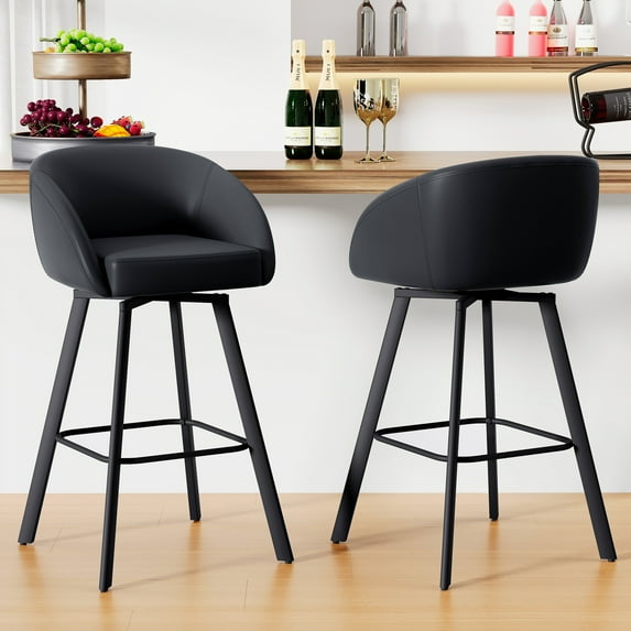 FIRAVOE Bar Stools with Back Set of 2, Swivel Bar Height Bar Stools with Footrest (30") Faux Leather Black Barstools for Kitchen Island