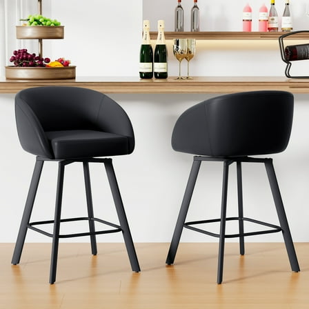 FIRAVOE Bar Stools with Back Set of 2, Swivel Counter Height Bar Stools with Footrest (26") Faux Leather Black Barstools for Kitchen Island