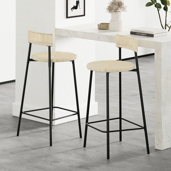Bar Stools with Round Seats | Ideal for Kitchens and Bars | Breathable Paper Rope Weave | Keep Floors Damage - Free