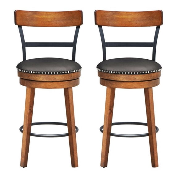 Bar Swivel Stools 25.5 Inch, 360° Leather Padded Counter Height Stools, Rustic Brown, Rubber Wood Construction for Kitchen Bistro Pub Restaurant, 250 lbs Capacity