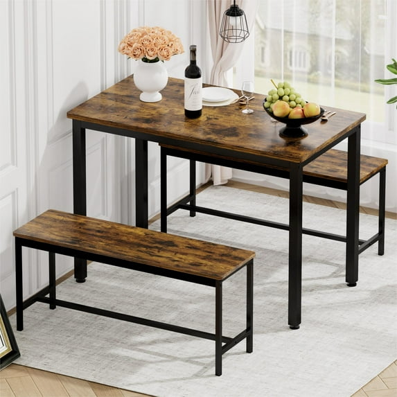 Bar Table with 2 Dining Benches, Kitchen Table Counter with Chairs, Industrial for Kitchen Breakfast Table, Living Room, Party Room,Brown,43.3″L x 23.6″W x 29.9″H