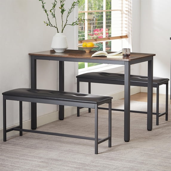 Bar Table with 2 Dining Benches, Kitchen Table Counter with Chairs, Industrial for Kitchen Breakfast Table, Living Room, Party Room, Brown and Black,43.3″L x 23.6″W x 29.9″H