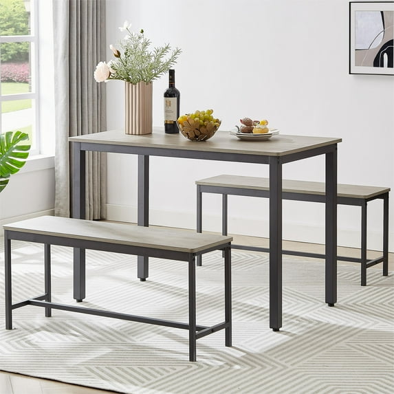 Bar Table with 2 Dining Benches, Kitchen Table Counter with Chairs, Industrial for Kitchen Breakfast Table, Living Room, Party Room,Grey,43.3″L x 23.6″W x 29.9″H