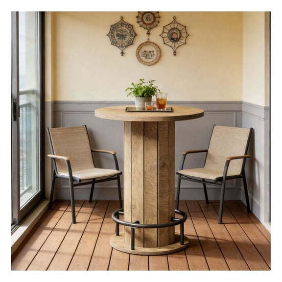 Bar Table - 31.5" Farmhouse Round Pub Table for Kitchen, Bistro, Home Bar - Rustic Wood Grain Top & Fence Base - Space Saving Design