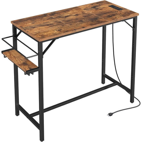 Bar Table, 35.4-Inch Counter Height Pub Table with Charging Station, Rectangular Dining Table with Wine Rack and Glass Holder, High Top Cocktail Tables, for Kitchen (Only Table)