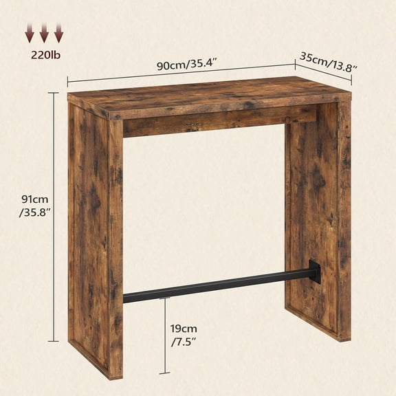 Bar Table 35.4 Inch Counter Height Pub Table Industrial Rectangular with Footrest for Narrow Space Rustic Brown Black