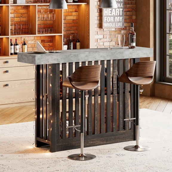 Bar Table- for 4-8 People, 63" Long Counter Bar Height Pub Table with 2 Tier Storage Shelves, Modern Home Coffee Breakfast Bar Unit for Dining Room, Bistro, Living Room, Gray+Brown