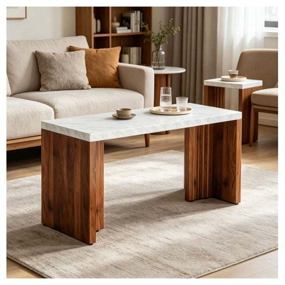 Bar Table 55 Inch Counter Height - Faux Marble Pub Table for Kitchen & Dining Room - Modern Minimalist Bar Unit - Walnut Finish