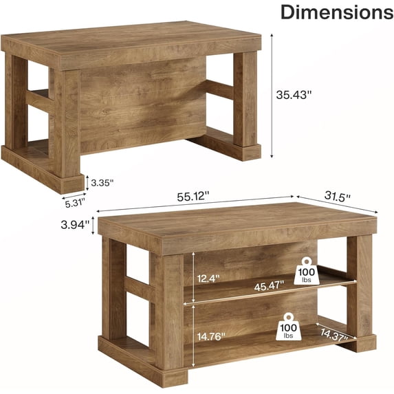 Bar Table, 55-Inch Counter Height Pub Table with Storage Shelves, High Top Kitchen Dining Table, Rectangle Wood Home Bar Unit for Dining Room, Bistro, Light Brown