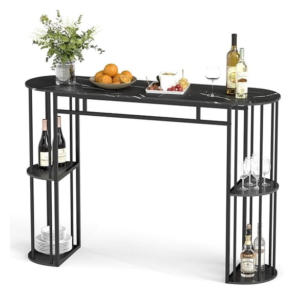 Bar Table, 60-Inch Long Pub Rectangular High Top Pub Table with 4 Storage Shelves and Faux Marble , Bar Height Breakfast Dining Table for Kitchen, Dining Room and Living Room (Gray)