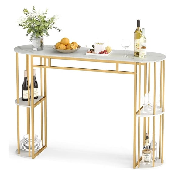 Bar Table, 60-Inch Long Pub Rectangular High Top Pub Table with 4 Storage Shelves and Faux Marble , Bar Height Breakfast Dining Table for Kitchen, Dining Room and Living Room (White)