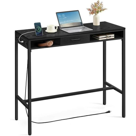 Bar Table, Bar Height Pub Table, Storage Kitchen Dining Table with Power Outlets and Movable Non-Woven Fabric Drawer, Hooks, Long High Top Table, 15.7 x 47.2 x 41.2 Inches, Ebony Black