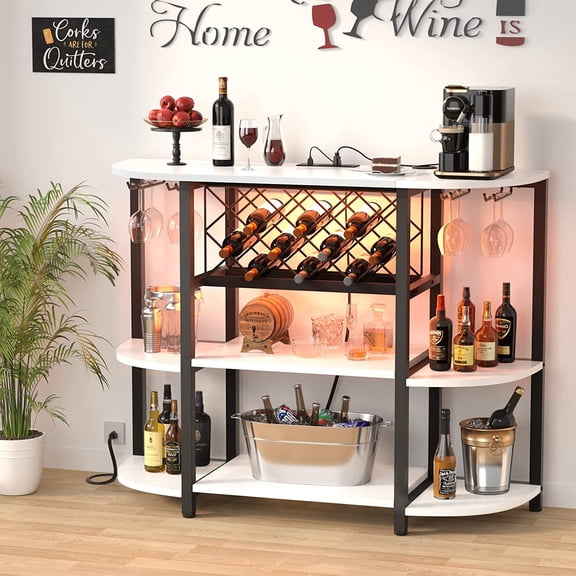 Bar Table Cabinet with Charging Station,Wine Rack Table with LED Light and Storage, Freestanding Floor Bar Cabinet for Liquor and Glasses for Home Kitchen Dining Room, White