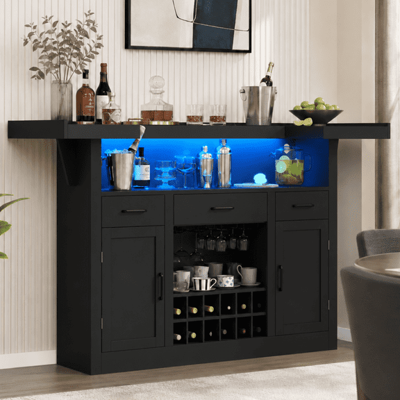 Bar Table Cabinet with LED Lights & 3 Drawers, Crescent-Shaped Liquor Bar with Adjustable Storage Shelves, Stemware Holders & Wine Rack, Multi-Functional Home Pub Stand for Dining Room, Black